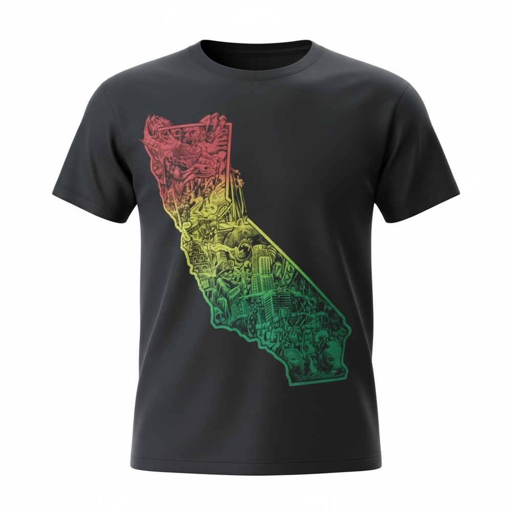 Alstyle Black Tee with Red, Yellow, and Green Graphic